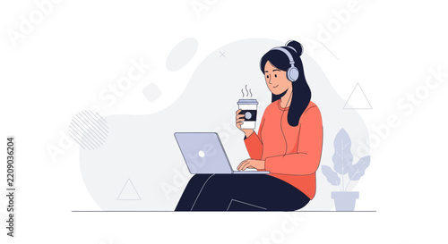 Young Woman Working Remotely with Laptop, Headphones, and Coffee, Enjoying Music and Creative Flow