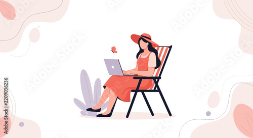 Woman Working Remotely Outdoors with Laptop, Enjoying a Peaceful Summer Day