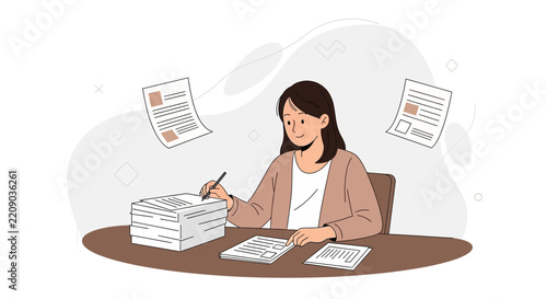 Woman working with documents at desk, vector illustration of administrative tasks, paperwork, and office organization.