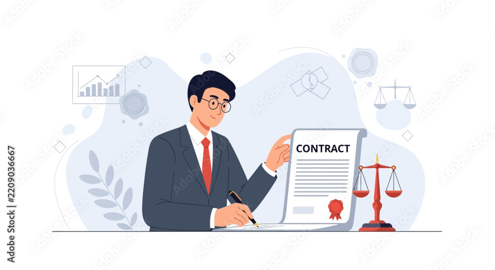 Fototapeta premium Businessman Signing Contract, Scales of Justice, and Financial Chart - Legal Agreement and Business Deal Illustration