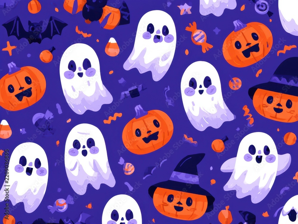 Fototapeta premium Halloween ghosts and jack o lanterns playful pixel art illustration
