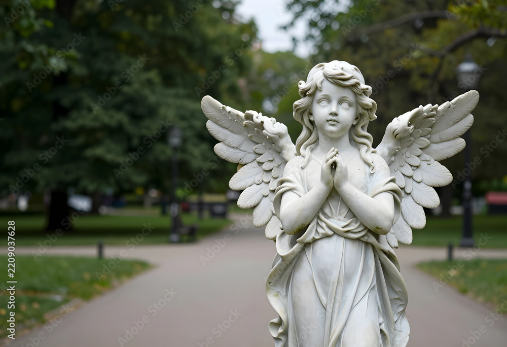 Fototapeta premium Spirituality and peace marble angel statue with praying hands in a serene park setting for memorial funeral and religious reflection concepts