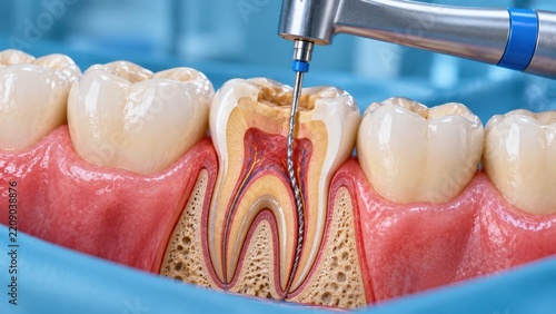 Dental drill performing root canal treatment on human tooth with detailed internal nerve anatomy view.
