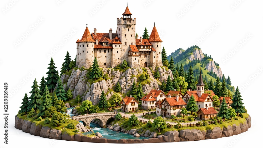 Obraz premium Miniature illustration of a Romanian medieval castle and village on a rocky hill amid forests and mountains.