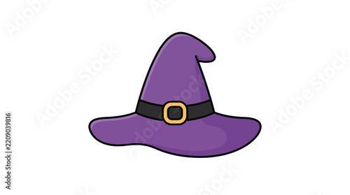 Purple witch hat vector illustration, cute cartoon wizard hat with buckle, halloween costume accessory icon for party invitations