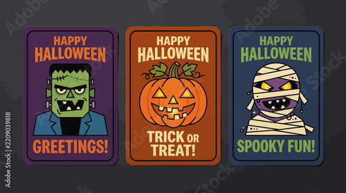 Vintage Halloween greeting card set, retro Frankenstein pumpkin mummy banner vector illustrations, spooky holiday party invitation labels