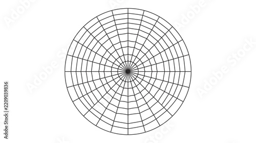 Geometric polar grid vector illustration, concentric circular coordinate mesh chart, minimal black line art radar graph template