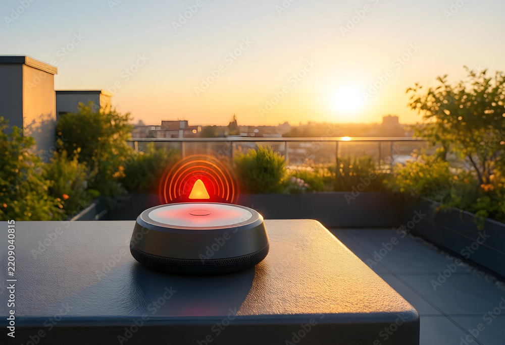 Fototapeta premium Smart home security and automation, wireless alarm sensor with red alert signal on a balcony at sunset for residential safety and monitoring technology