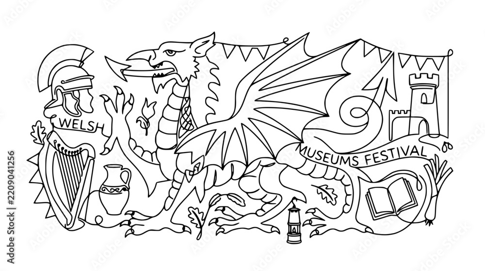 Obraz premium Welsh Dragon, Harp, Castle, Helmet - Line Art Illustration Isolated