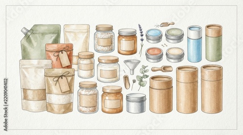 unbranded refill packaging mockup collection Various skincare and cosmetic containers with natural ingredients on a white background.