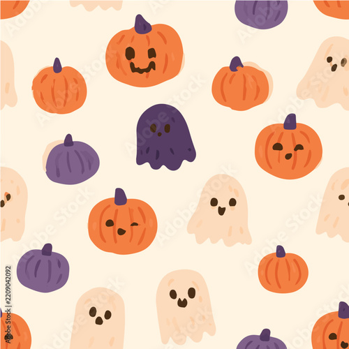 Cute halloween seamless pattern, tiny pumpkins, ghosts