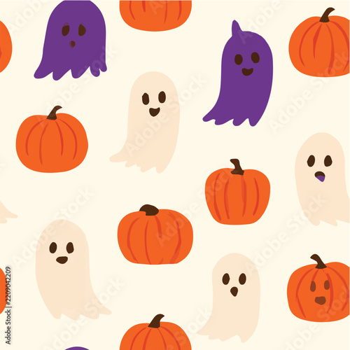 Cute halloween seamless pattern, tiny pumpkins, ghosts