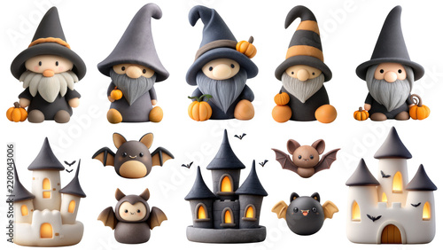 Cute halloween decor with gnome and bat figures and spooky castle models creating charming festive atmosphere for halloween decor