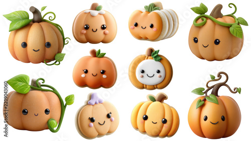 Cute halloween decor with smiling pumpkin faces and green leaves perfect for festive autumn celebration and joyful seasonal decoration