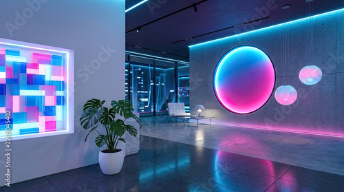Futuristic office lobby interior with glowing neon circles and modern minimalist design