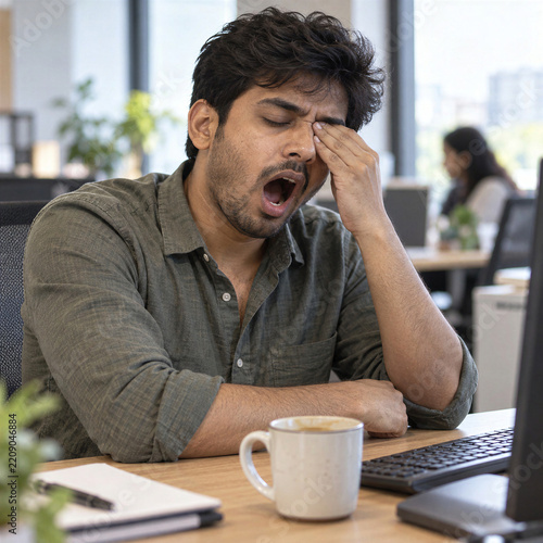 Exhausted young indian man yawning, rubbing eyes at office desk with coffee cup, sleepy at work, lack of sleep