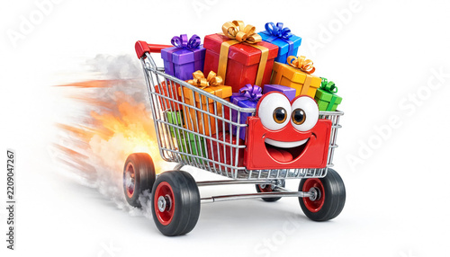 Cute cartoon shopping cart character with gift boxes for fast shipping and christmas sale concept