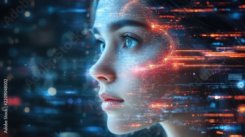Close female face blended with glowing orange and blue digital interface elements, representing artificial intelligence, data processing, digital identity, automation, and future technology.