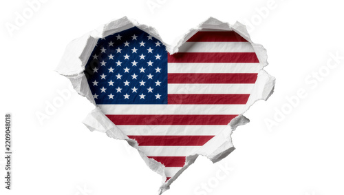 Torn paper heart shape revealing American flag, isolated on transparent background