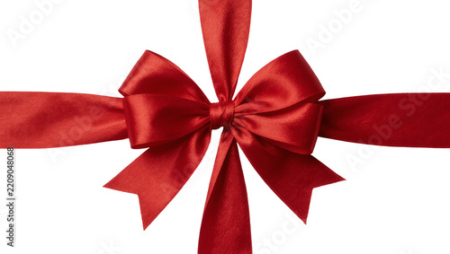 Shiny red satin ribbon bow tied with tails, isolated on transparent background
