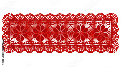 Red rectangular fabric patch with decorative lace edge isolated on transparent background