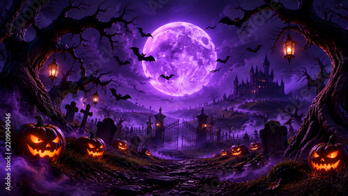Spooky haunted castle on hill under glowing purple full moon with flying bats and jack o lantern. Halloween night scene with cemetery gate background. Ideal for scary party invitations. 