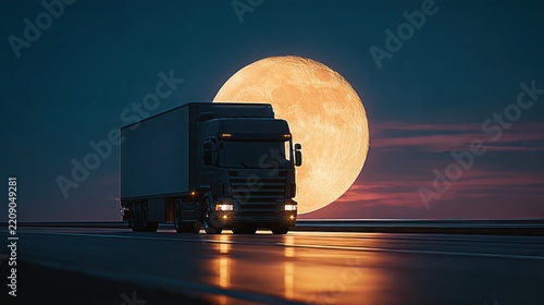 Large modern freight truck driving along an empty highway, enormous full moon positioned directly behind the truck and dominating the horizon, deep