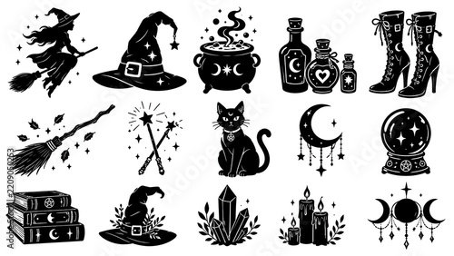 Set of halloween witch and magic icons including cauldron hat broom cat moon and magic wand silhouettes with cauldron, halloween

