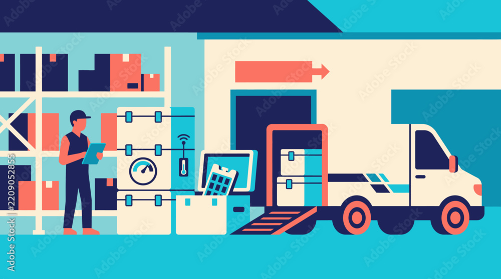 Obraz premium Warehouse worker managing logistics and shipping cargo with a delivery truck in a modern facility.