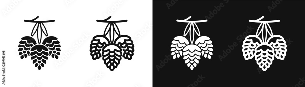 Obraz premium Black and white icons of hops on contrasting backgrounds