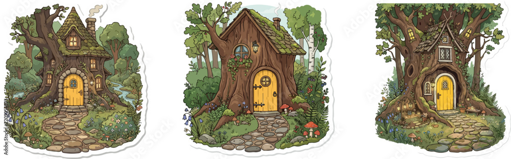 Obraz premium Whimsical fairy tale houses in lush green forest