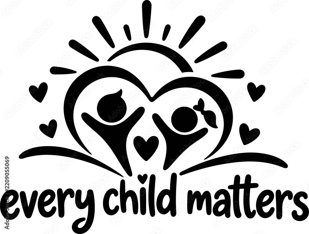 Fototapeta premium Every Child Matters hand lettering design, heart shaped child figures, joyful children and love accents, black illustration on white background