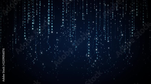 Futuristic binary code stream falling as digital matrix rain for cyber security data decryption quantum computing and big data
