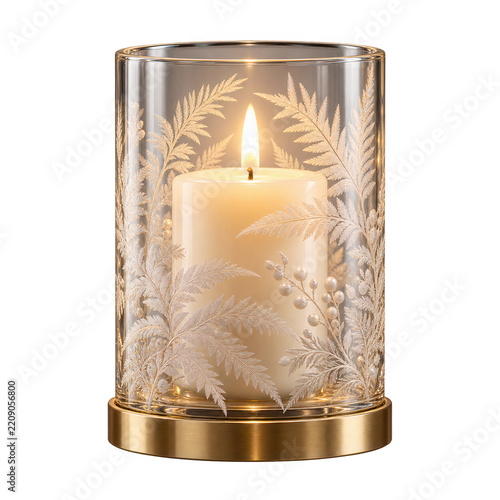 Glass hurricane candle holder with etched ferns and lit candle