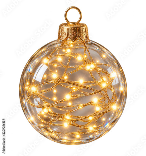 Glass ball ornament filled with golden fairy lights