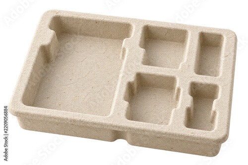 Empty molded pulp packaging tray with compartments