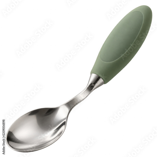 Bent adaptive spoon with green ergonomic handle