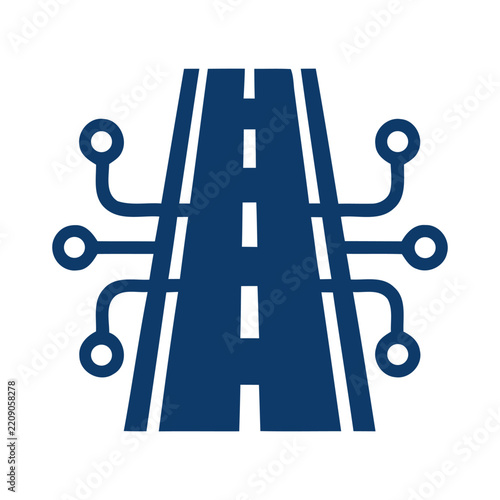 Future transportation road icon with digital circuit board lines on a white background
