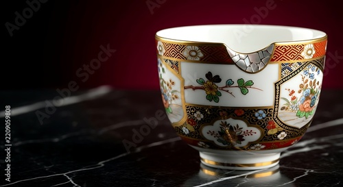 a revival porcelain cup with opulent overglaze gold, enamel in restrained motifs, ultra glossy finish, subtle wabi sabi edge chip gilded in platinum, adorned with inlay flakes 