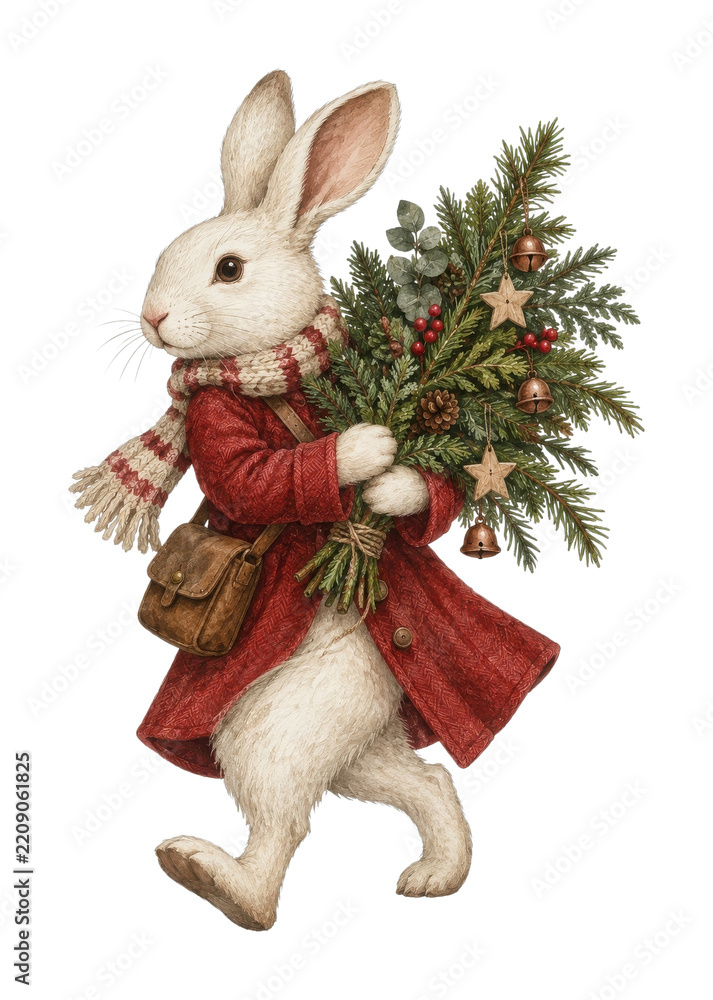 Obraz premium PNG Whimsical Christmas rabbit carrying a decorated evergreen tree