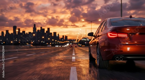 A red luxury vehicle drives swiftly across a highway bridge toward the glowing metropolitan skyline during a golden sunset reflecting light upon the wet asphalt road surface during the evening