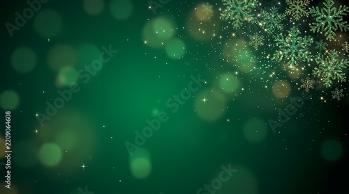 Winter festive atmosphere featuring glowing ice crystals and soft shimmering light orbs within a dark emerald green environment representing holiday spirit and seasonal cheer during cold