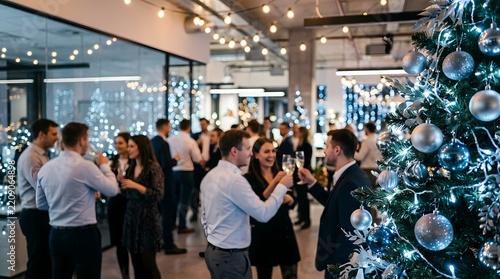 Group of professional colleagues celebrating winter holidays together inside a brightly illuminated office space while enjoying festive drinks and socializing near a decorated christmas pine tree