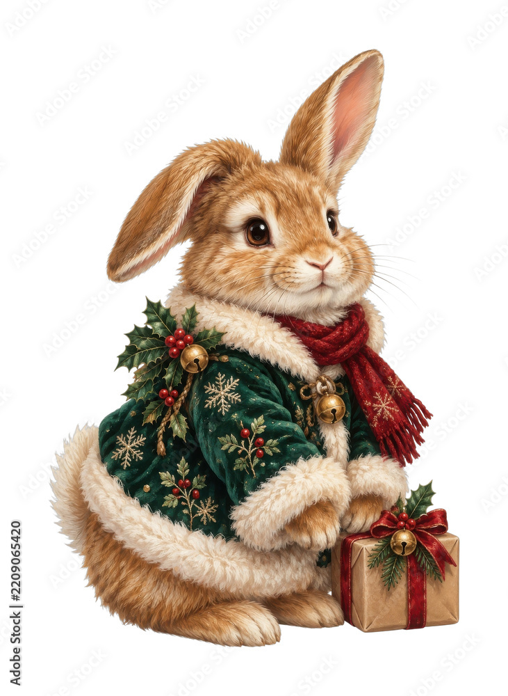 Obraz premium PNG Cute Christmas rabbit in festive coat holding wrapped gift