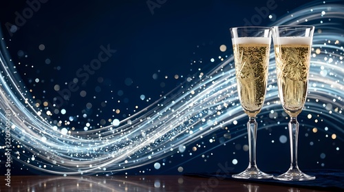 Two Sparkling Wine Flutes Ready For A Festive Toast At A Grand Celebration Event Featuring Glowing Light Trails And Effervescent Bubbles Radiating Joyful Energy During A Nighttime Social