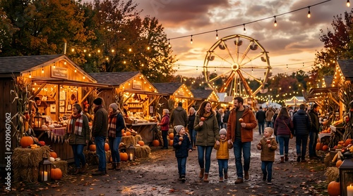 People enjoy seasonal festivities at an outdoor autumn harvest market featuring golden sunset skies and wooden stalls decorated with pumpkins while families walk past a large spinning ferris