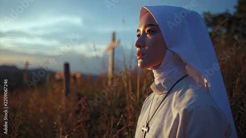 Woman in Nun Habit Standing in Field at Sunset with Crosses Nearby