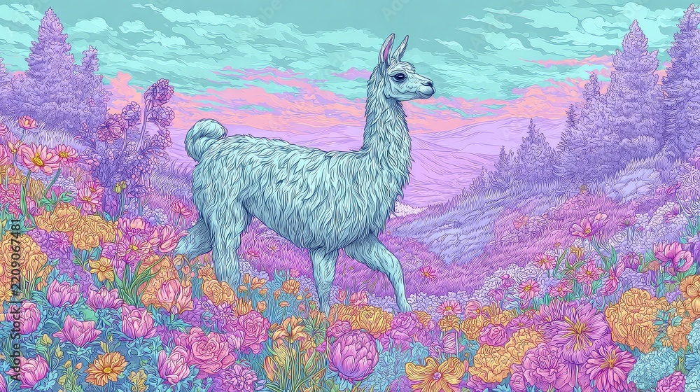 Obraz premium Colorful Llama Walking Through Vibrant Floral Landscape at Sunset