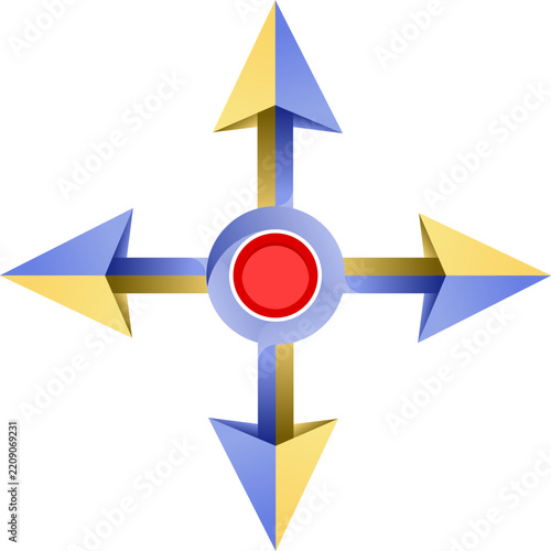 4-Way Directional Arrow Navigation Cross Icon with Red Center Button Dot, Modern Blue and Yellow Pointer Vector.