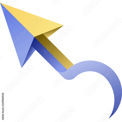 Modern Arrow Cursor Pointer Icon with Curved Blue Wave Tail, Folded Paper Style Mouse Pointer Vector.